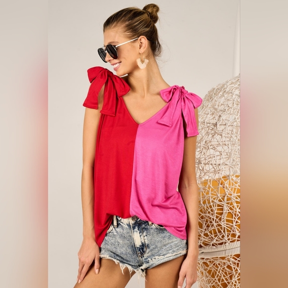 BiBi Shoulder Ribbon Tied Contrast Tank - Picture 5 of 7